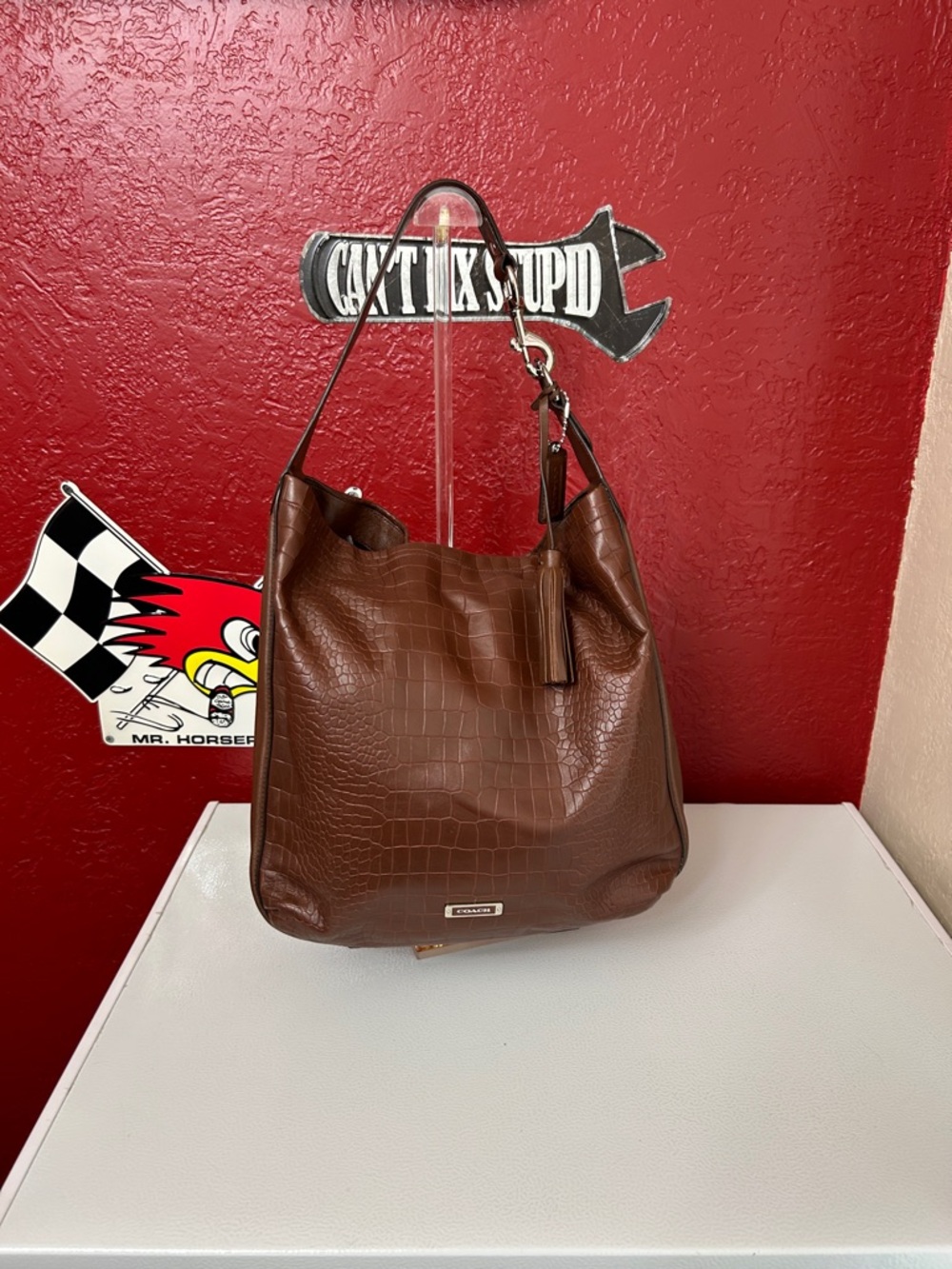 Coach Croc-Embossed Chestnut Leather Tote with Tassel